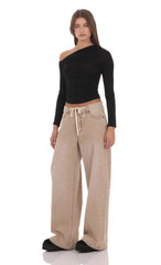 Drawstring Wide Leg Jeans in Camel