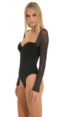 Glitter Mesh Long Sleeve Bodysuit in Black