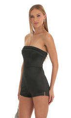 Satin Strapless Romper in Black