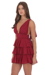 Plunge Neck Ruffle Dress in Maroon
