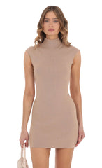 Knit Mock Neck Dress in Tan