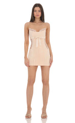 Lace Cutout Bow Dress in Peach