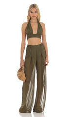 Gold Striped Three Piece Set in Olive Green