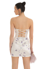 Satin Floral Lace Strapless Dress in White