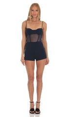 Mesh Corset Romper in Navy