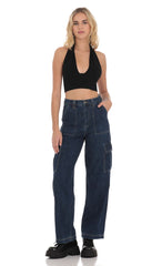 Wide Leg Cargo Jeans in Dark Denim