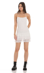 Halter Lace Ruffle Dress in White