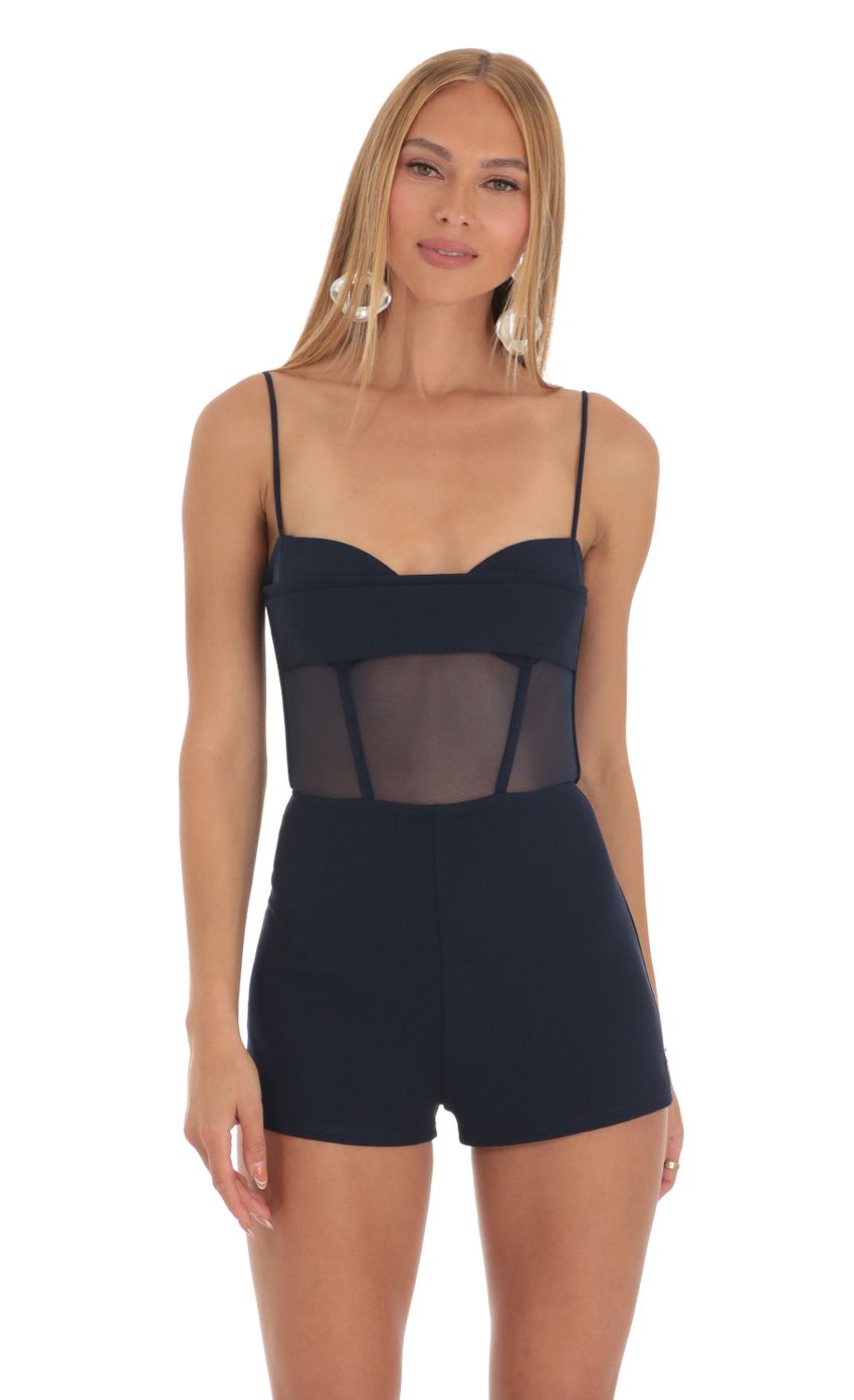 Mesh Corset Romper in Navy