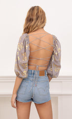 Gold Floral Puff Sleeve Top in Grey