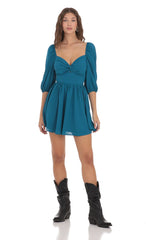 Puff Sleeve Twist Dress in Blue
