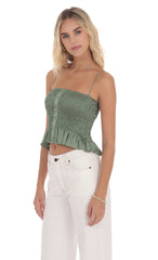 Satin Smocked Striped Button Top in Sage