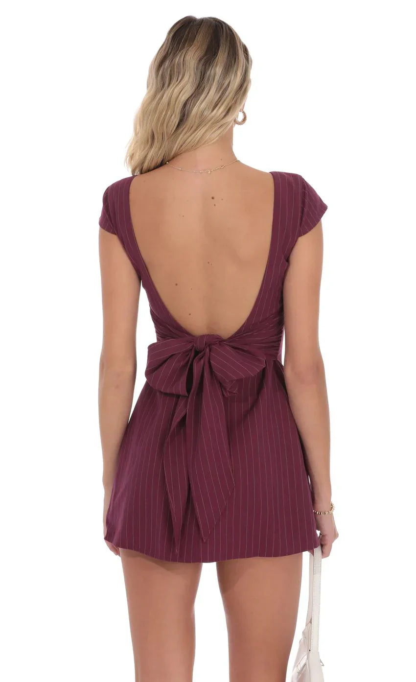 Pinstripe Back Bow Dress In Wine