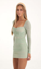 Mesh Long Sleeve Bodycon Dress in Green