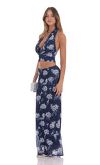 Mesh Floral Plunge Neck Two Piece Set in Navy