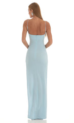 Crepe Rhinestone Corset Maxi Dress in Blue