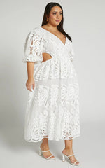 Anieshaya Midi Dress - V Neck Cut Out Lace Dress In White