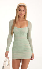 Mesh Long Sleeve Bodycon Dress in Green