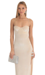 Velvet Rhinestone Slit Maxi Dress in Nude