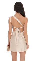 Satin One Shoulder Open Back Dress in Champagne