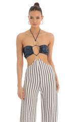 Sequin Halter Striped Jumpsuit in White and Navy