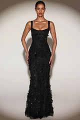Embellished Appliqué Soft-Scoop Corset Gown In Black