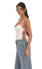 Floral Satin Open Back Tie Top in Cream