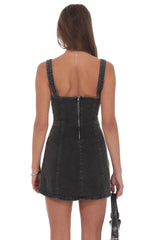 Denim Polka Dot Bow Dress in Washed Black