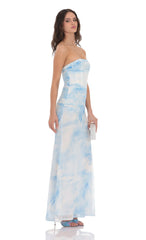 Mesh Strapless Corset Maxi Dress in Blue Tie Dye