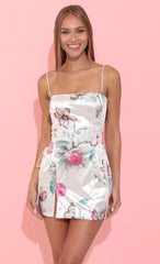 Satin Dress in White Cherry Print