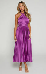 Eloise Midi Dress - Halter Neck Pleated Dress In Grape