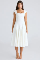 White Square Neck Twill Midi Dress