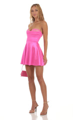 Satin Lace Bust Flare Dress in Pink