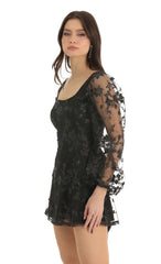Floral Glitter A-Line Dress in Black