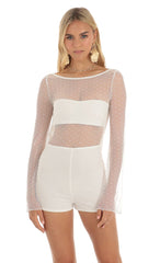 Mesh Dotted Open Back Romper in White