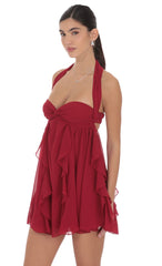 Halter Ruffle Babydoll Dress in Maroon