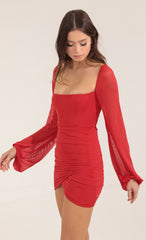 Mesh Long Sleeve Dress in Red