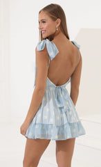 Shoulder Ties Open Back Dress in Blue Daisy