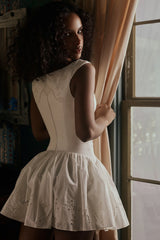 White Cotton Broderie Anglaise Boat Neck Mini Dress