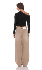 Drawstring Wide Leg Jeans in Camel