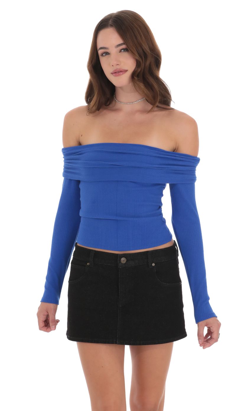 Ribbed Off Shoulder Back Tie Top in Blue