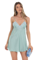 Lace Satin Babydoll Dress in Seafoam