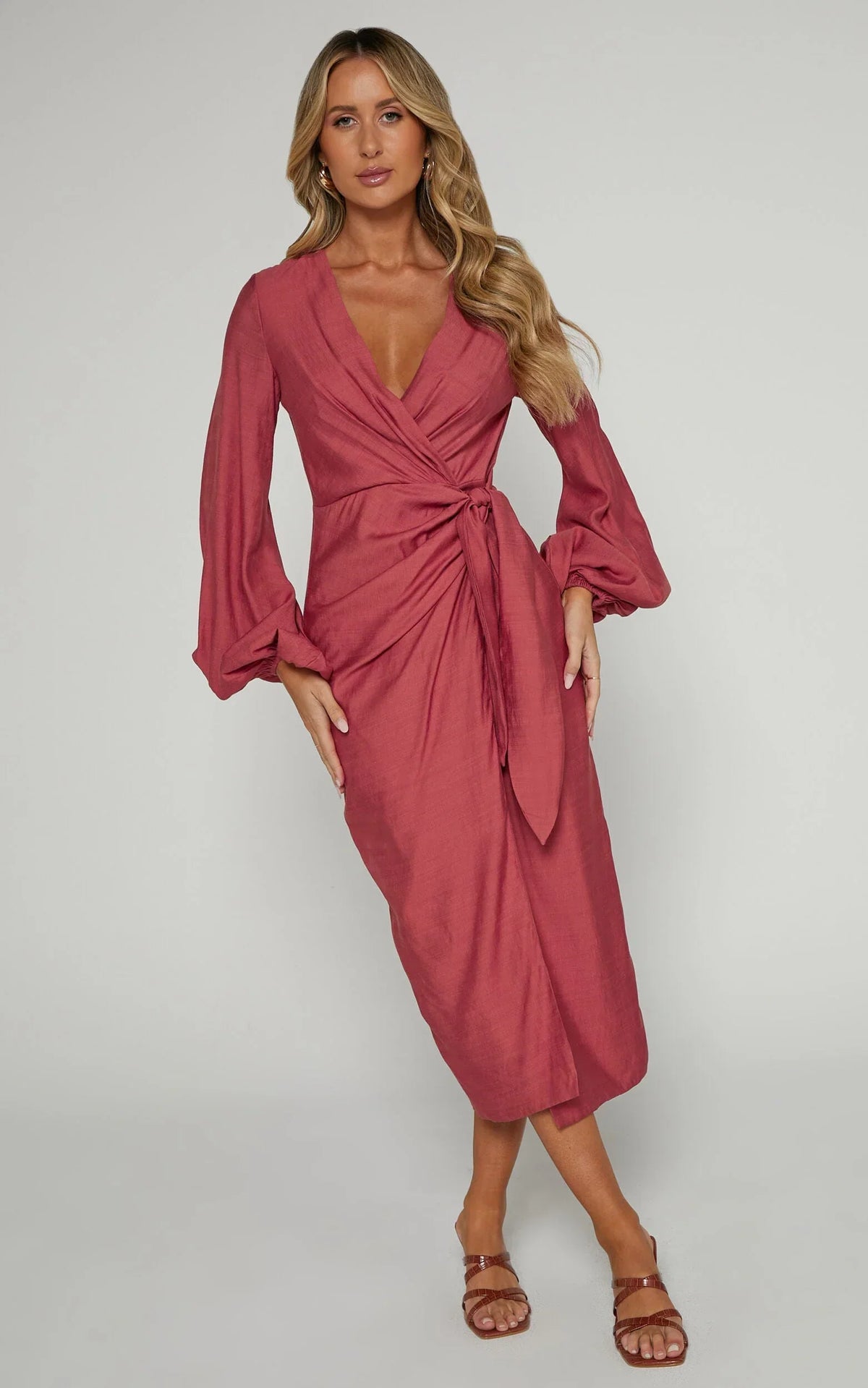 Taylor Midi Dress - Long Sleeve Wrap Dress In Clay