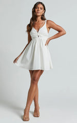 Jhency Mini Linen Dress - Strappy Ruched Bust Dress In White