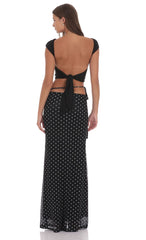 Mesh Polka Dot Wrap Maxi Skirt in Black