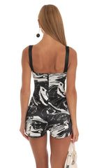 Satin Hook and Eye Romper in Black Swirl Print
