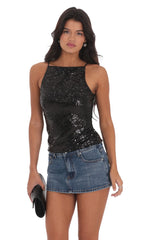 Sequin Straight Neck Top in Black