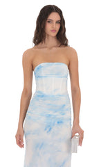 Mesh Strapless Corset Maxi Dress in Blue Tie Dye