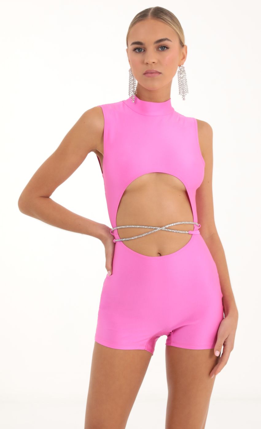 Rhinestone Cutout Romper in Pink