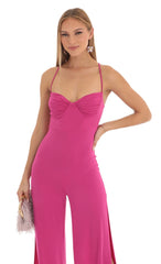 Ruched Sweetheart Bust Slit Jumpsuit in Fuchsia