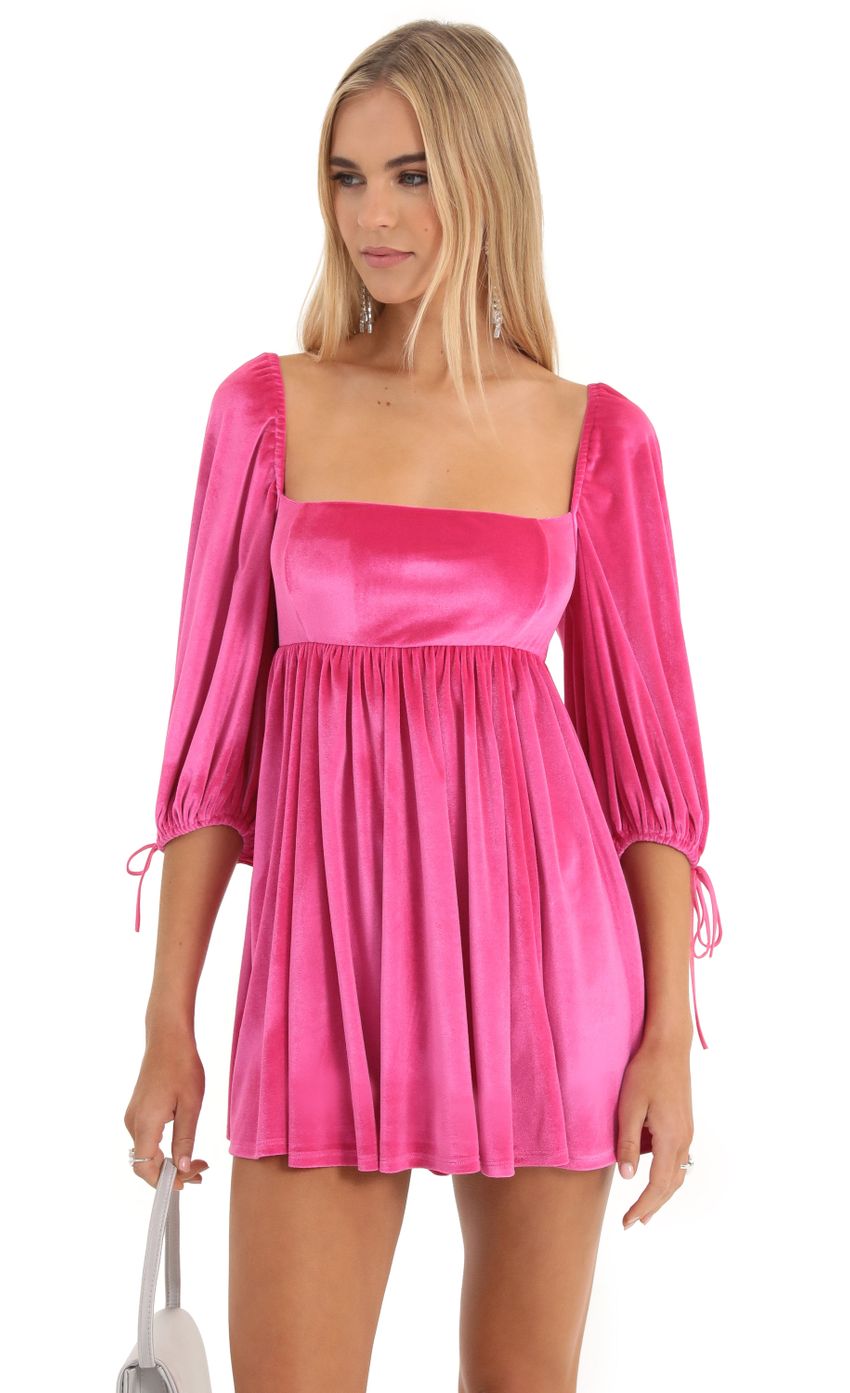 Velvet Baby Doll Dress in Hot Pink